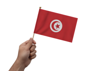 Hand proudly holding the Tunisian flag, symbolizing patriotism and national pride for Tunisia Independence Day celebrations