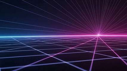 Abstract neon grid landscape with glowing horizon, perfect for futuristic backgrounds.