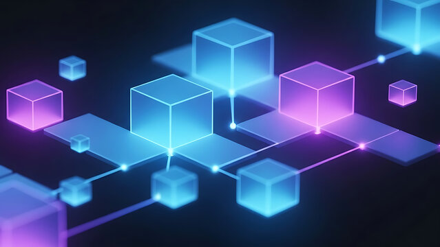 Abstract network of interconnected cubes with glowing neon lights, creating a futuristic and technological background. - Powered by Adobe