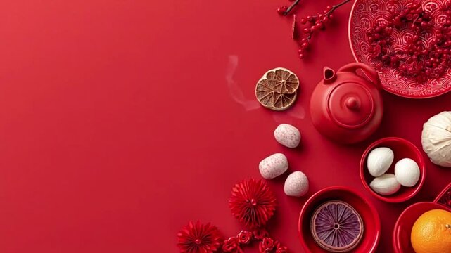 Overhead view of a vibrant red table setting with assorted food items  Chinese Lunar New Year background
