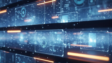 Futuristic technology interface with glowing elements and digital data stream.