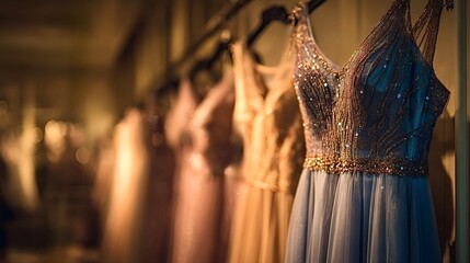 Obraz premium Row of elegant sequined evening gowns hanging in boutique