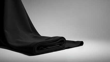 Smooth Black Fabric Roll Unfurling on a Minimalist Gray Background