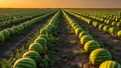 Rows of Ripe Watermelons in a Vast Field Under a Golden Sunset Sky