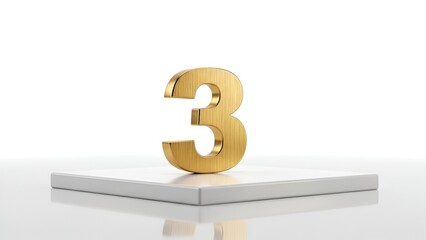 Brushed Gold Three dimensional Number 3 on White Pedestal, Bright Studio Shot