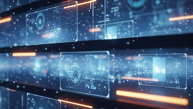 Futuristic technology interface with glowing elements and digital data stream. - Powered by Adobe