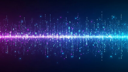 Abstract visualization of digital binary code with glowing particles and light effects.