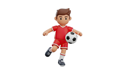 3D Cartoon Soccer Player in Red Kit Dribbling a Soccer Ball