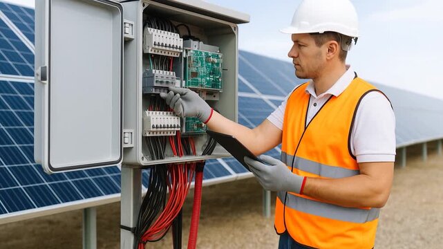 Man, an electrical technician checking the operating voltage levels of the solar panel switchgear compartment

