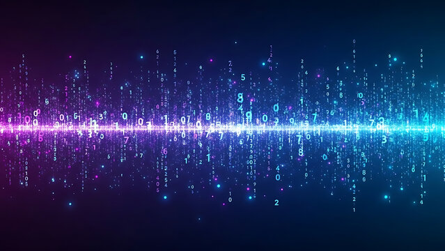 Abstract visualization of digital binary code with glowing particles and light effects. - Powered by Adobe