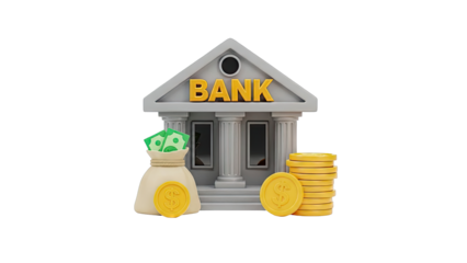 3D Bank Building with Money Bag and Stack of Coins