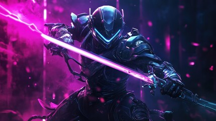 Fototapeta premium Futuristic warrior figure with glowing sword against vibrant background