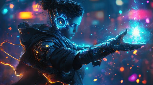 Futuristic person manipulating energy in a vibrant illuminated urban scene