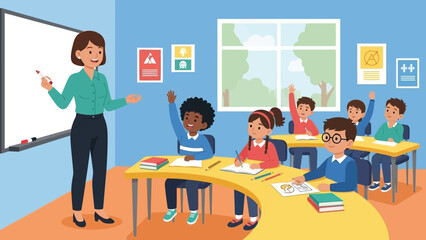 Engaged students in a vibrant classroom actively participating in a lesson led by their dedicated teacher, fostering a dynamic and inclusive learning environment