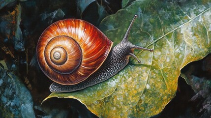 Naklejka premium Detailed snail on leaf, dark forest background, artistic depiction