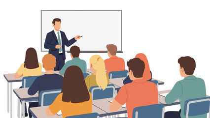 Teacher instructing a diverse group of students in a classroom setting, pointing at a whiteboard during an engaging lecture or presentation, symbolizing education and knowledge sharing