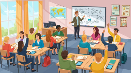A vibrant and inclusive classroom environment fostering interactive education, where diverse students actively participate by raising their hands to engage with their teacher