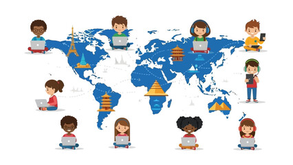 Global Connectivity Children Connecting Online Across the World with Laptops and Iconic Landmarks