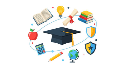 Education and learning icons surrounding a graduation cap, symbolizing academic achievement and knowledge acquisition
