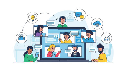 Online learning and remote work collaboration, demonstrating virtual team communication and digital education platforms for remote engagement