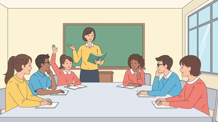 Classroom Scene Teacher Instructing Students Around a Table with a Student Raising Hand