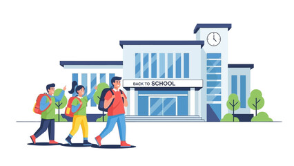 Illustration of students with backpacks walking towards a school building, symbolizing the start of the academic year and the journey of education