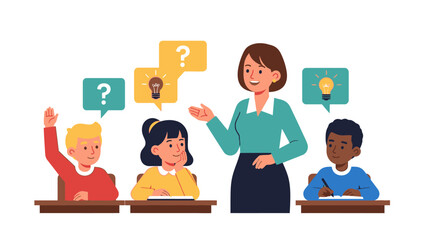 Dynamic Education Scene Teacher Guiding Diverse Elementary Students Through Interactive Learning with Questions and New Ideas