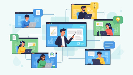 Diverse students participating in an online education virtual classroom, actively engaging in remote learning sessions and digital e-learning courses