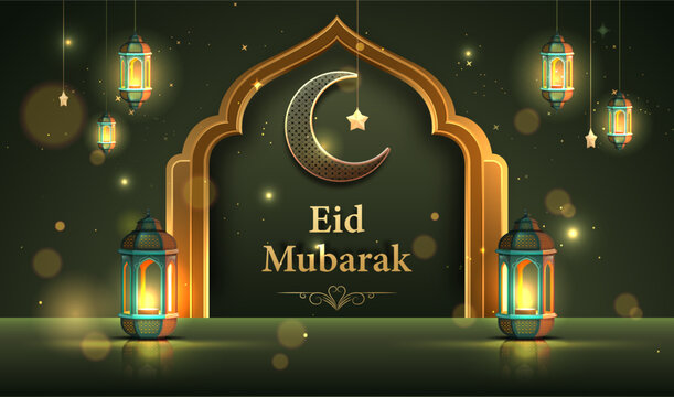 Elegant Eid Mubarak Greeting with Glowing Lanterns, Crescent Moon and Islamic Arch Frame. Eid Mubarak Poster Design Vector Illustration