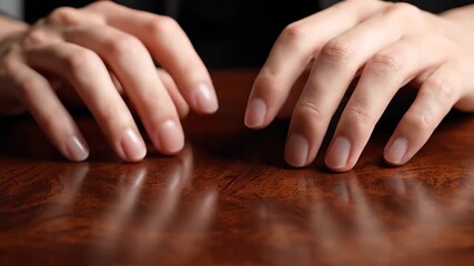 Closeup shot of a persons hands gently resting on a beautifully polished wooden table conveying a sense of calm contemplation and quiet anticipation in a serene indoor setting.