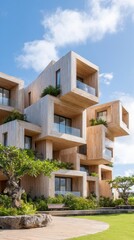 Fototapeta premium Light-colored wood mass timber villa with operable facades, showcasing modern architecture and natural surroundings in a sunny outdoor setting
