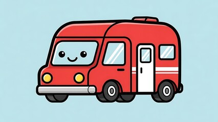 Red Cartoon Campervan on Blue Background.