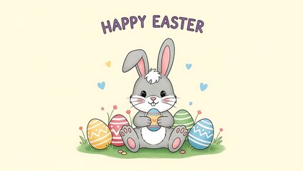 Fototapeta premium Digital Easter illustration featuring a cute bunny, colorful eggs, a cartoon style, soft lines, a pastel palette, and a cheerful, childlike atmosphere.