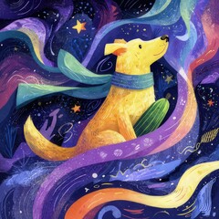 The dog is wearing a scarf and appears to be gazing upwards with a look of contentment. The background is filled with stars, crescent moons, and colorful streaks, creating a dreamlike and magical atmo