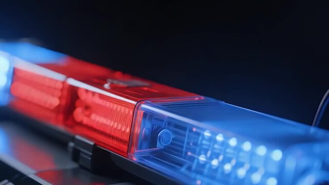 A close-up image of a police light bar with red and blue illumination, showcasing reflective surfaces and a dark background, emphasizing emergency response themes.