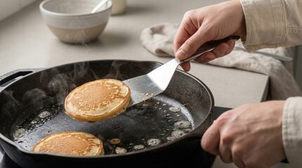 Cook flips pancakes in a large skillet on a kitchen counter during morning meal preparation