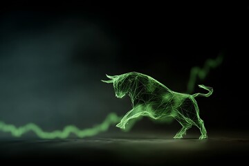 Stunning green neon bull running with dynamic glowing lines in dark background