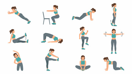 Women Fitness Workout Poses Flat Vector Illustration Set