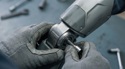 Engineer works on robotic exosuit in workshop during daytime focusing on assembly and mechanical parts for performance enhancement