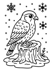 Fototapeta premium Winter Bird Silhouette: An elegant bird perches confidently atop a snowy tree stump, amidst a backdrop of falling snowflakes, creating a stark yet beautiful monochromatic scene.