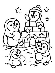Fototapeta premium Playful Penguins' Winter Wonderland: A delightful monochrome illustration depicts a playful scene of penguins frolicking in the snow, featuring an igloo and starry accents.