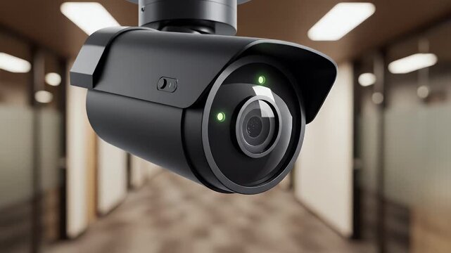 Modern security camera mounted on a wall in a brightly lit hallway providing surveillance and protection with advanced technology for businesses and homes