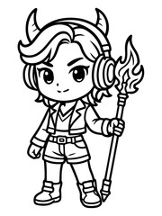 Obraz premium Chibi Character Illustration: A charming chibi character stands confidently, complete with headphones and a flaming torch, in a black and white illustration. 