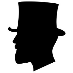 Side profile Man silhouette with short hair, beard and top hat