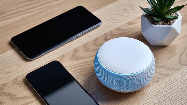 Modern smart home setup featuring a blue Echo Dot speaker alongside smartphones on a wooden desk showcasing technology and connected living lifestyle