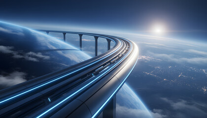 Futuristic transit bridge high above Earth in orbit