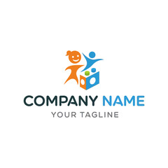 Obraz premium Happy Children Playing with Building Blocks Logo Design.