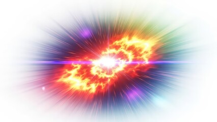 A vibrant and energetic cosmic explosion with swirling fire and radiating colorful light rays.