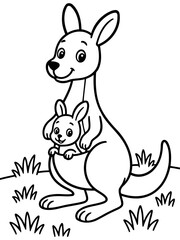 Obraz premium Kangaroo and Joey's cartoon illustration: A mother kangaroo stands tall with her joey nestled in her pouch. This charming illustration is perfect for children's projects, educational resources.