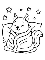 Dreamy Squirrel: An adorable squirrel cozily wrapped in a blanket rests peacefully on pillows under a starry sky, evoking feelings of comfort and tranquility.
